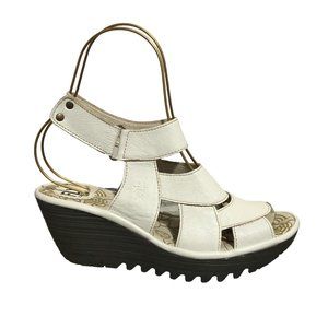 Fly London Yair White Leather  Ankle Strap White Open Toe Wedge Size 38
